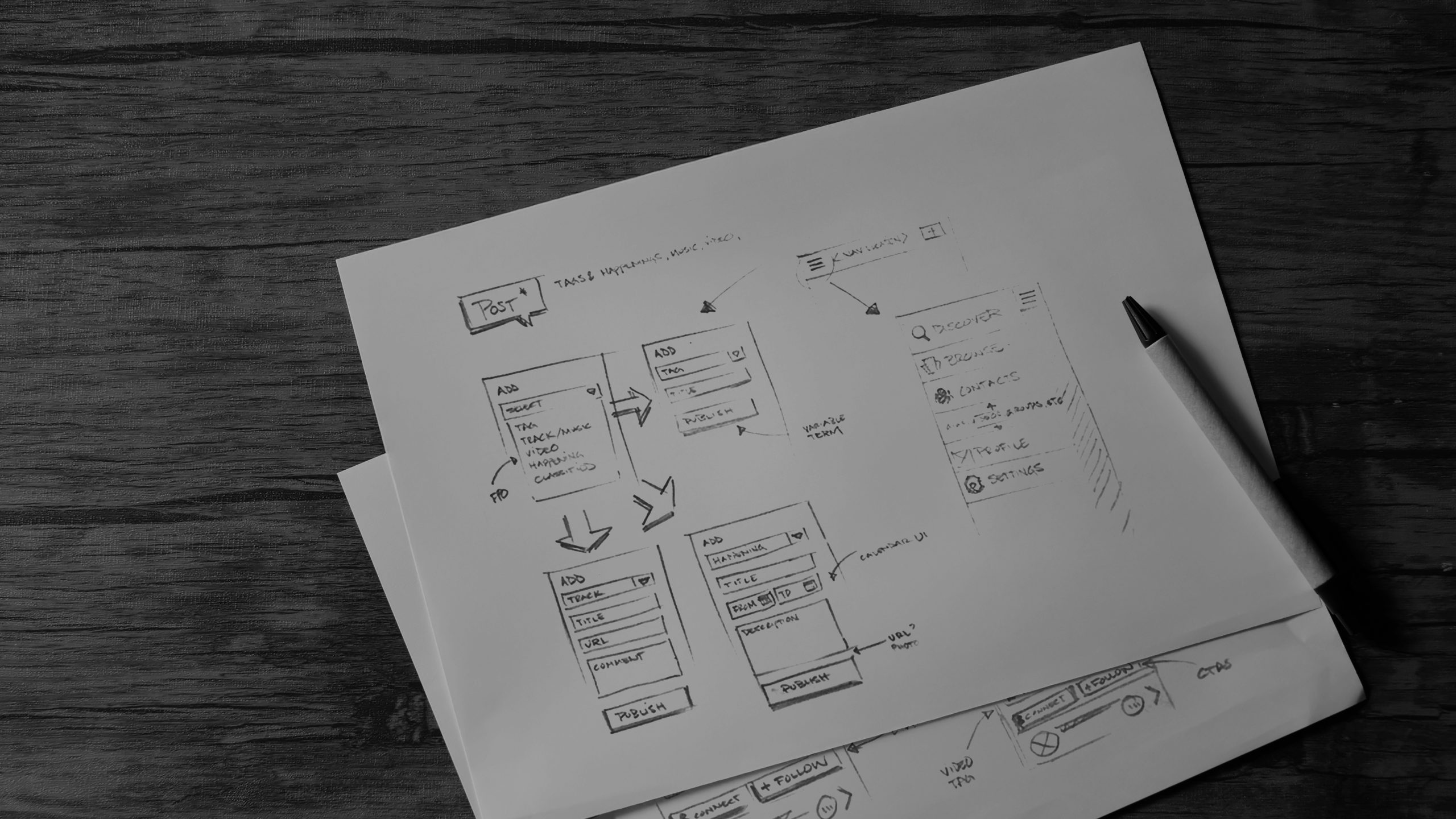 Hand-drawn UX wireframe on paper, detailing app screens for content creation, tagging, and navigation, with a pen on a woode…